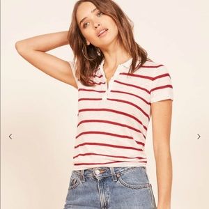 Linen polo neck stripe top